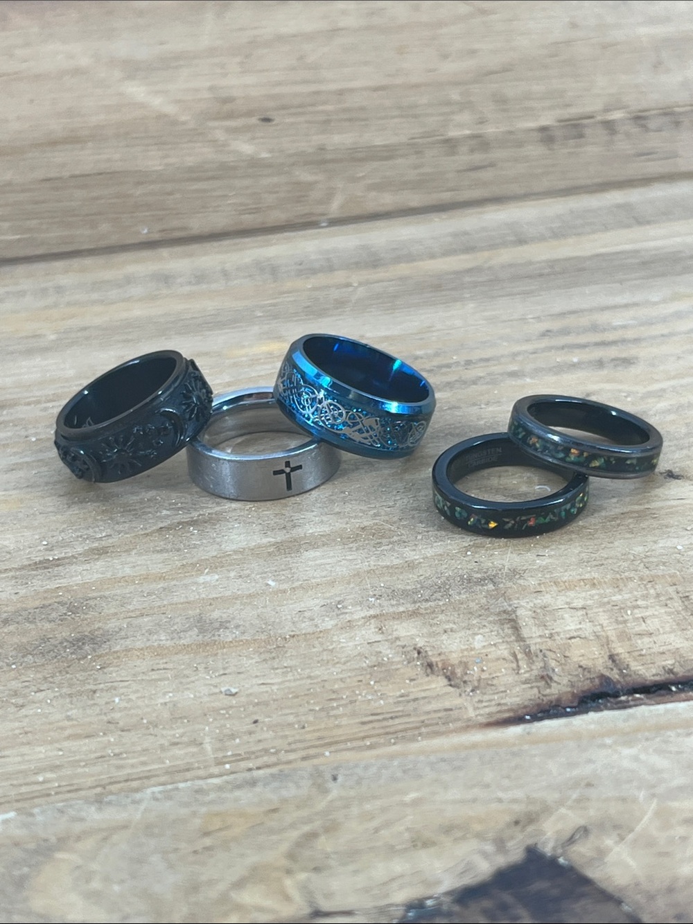 Kids Size 4 & 5 Blue and Black Stainless Steel Rings Band Sets one is a Fidget